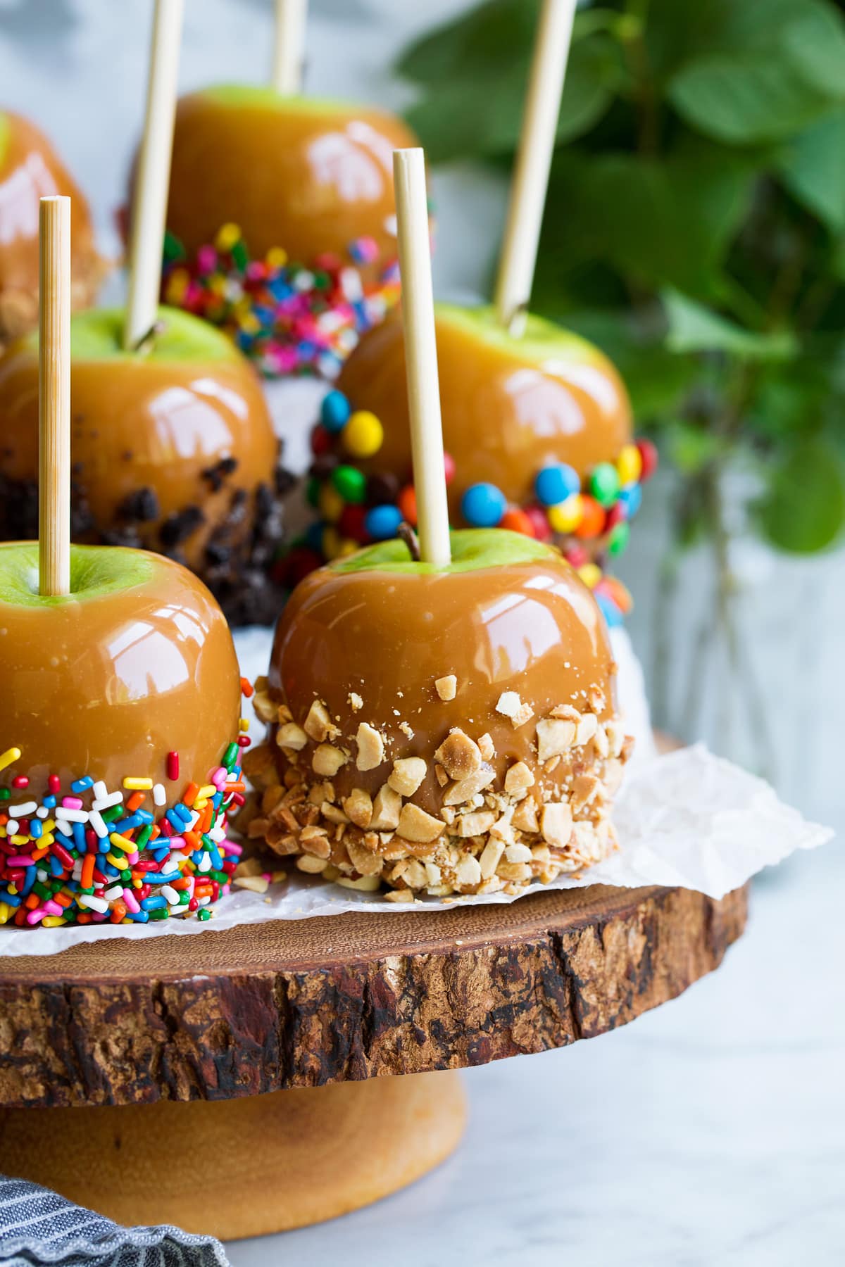 Easy Caramel Apples Close up image of stand full of caramel apples.
