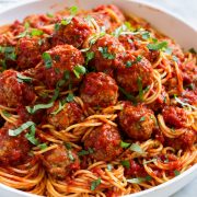 Bowl full of spaghetti and meatballs.