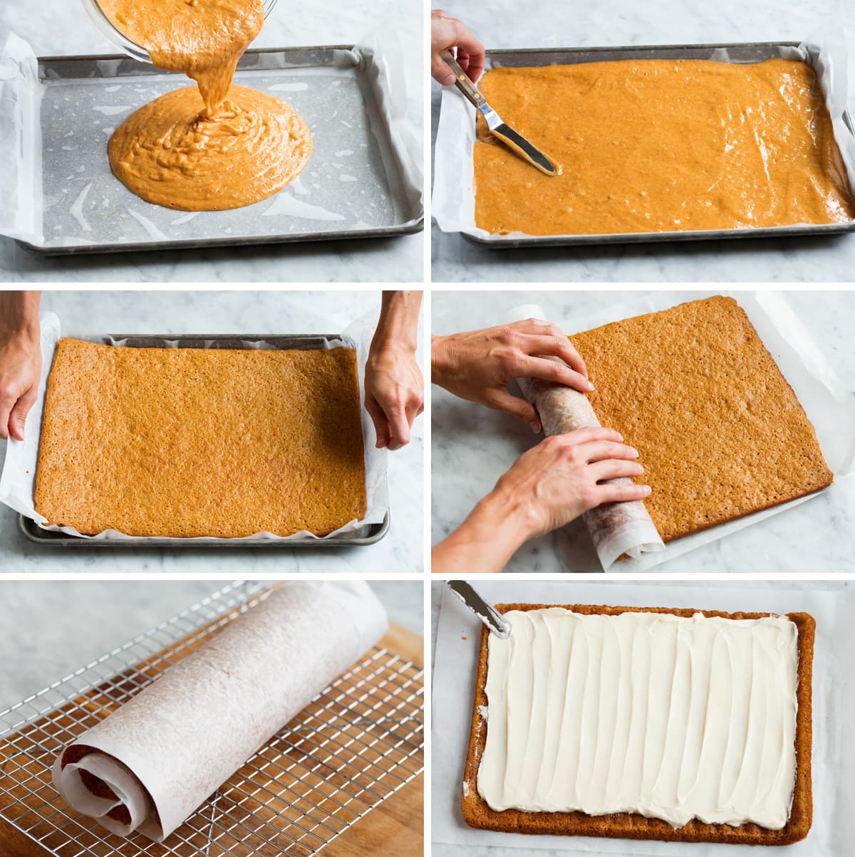 Pumpkin Roll Showing how to prep a pumpkin roll in a jelly roll pan for baking. Then showing how to roll and frost it.