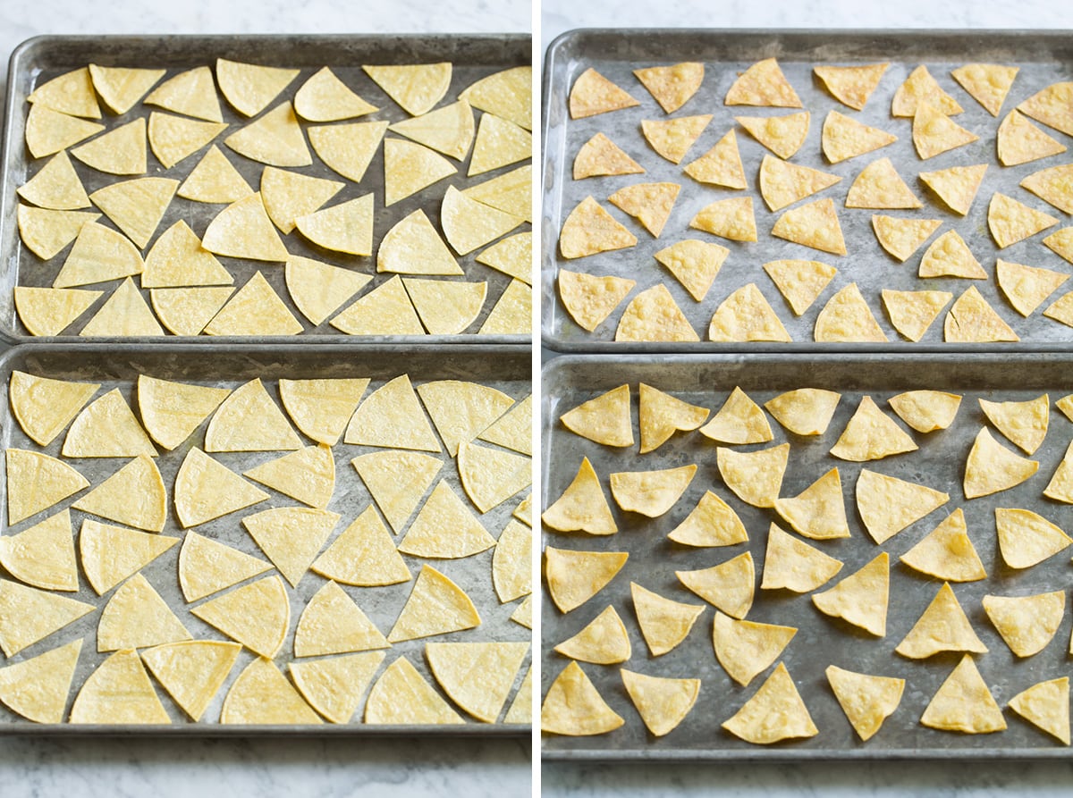 Baked Tortilla Chips Baked tortilla chips before and after cooking.