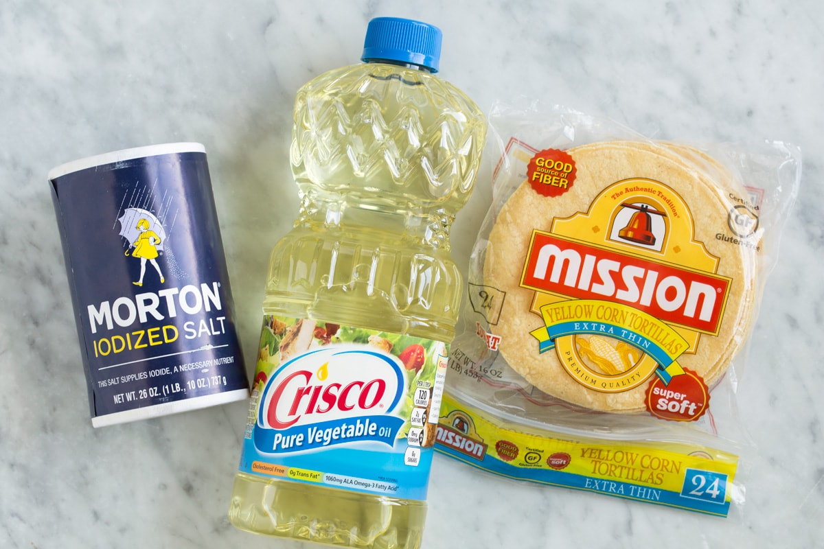 Homemade Tortilla Chips Extra thin corn tortillas, vegetable oil and salt used to make tortilla chips.