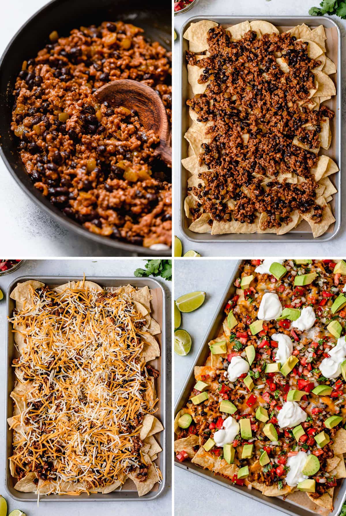 Easy Nachos - layered with seasoned beef and black beans, melty cheese, avocado and sour cream. SO GOOD! #nachos #sheetpan #beef #blackbeans #dinner #recipe Steps to making nachos.