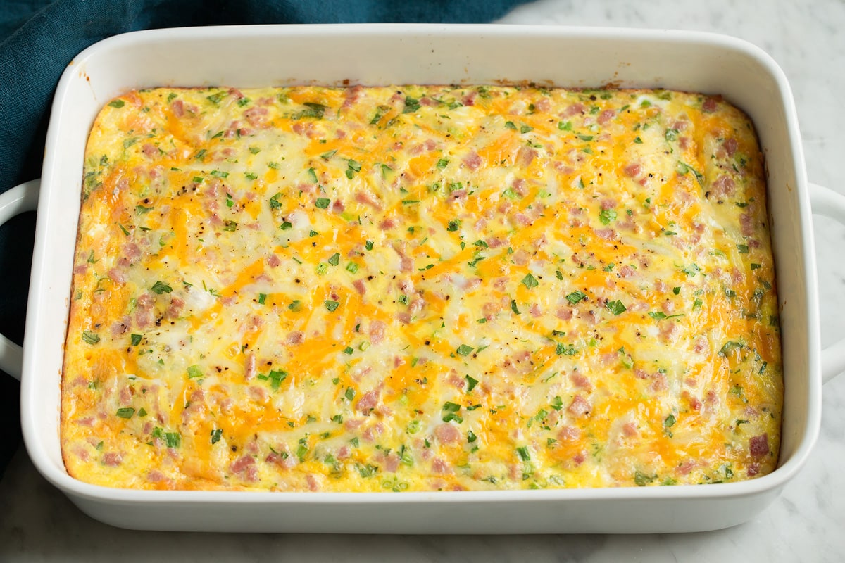 Breakfast Casserole Egg casserole shown finished after baking.