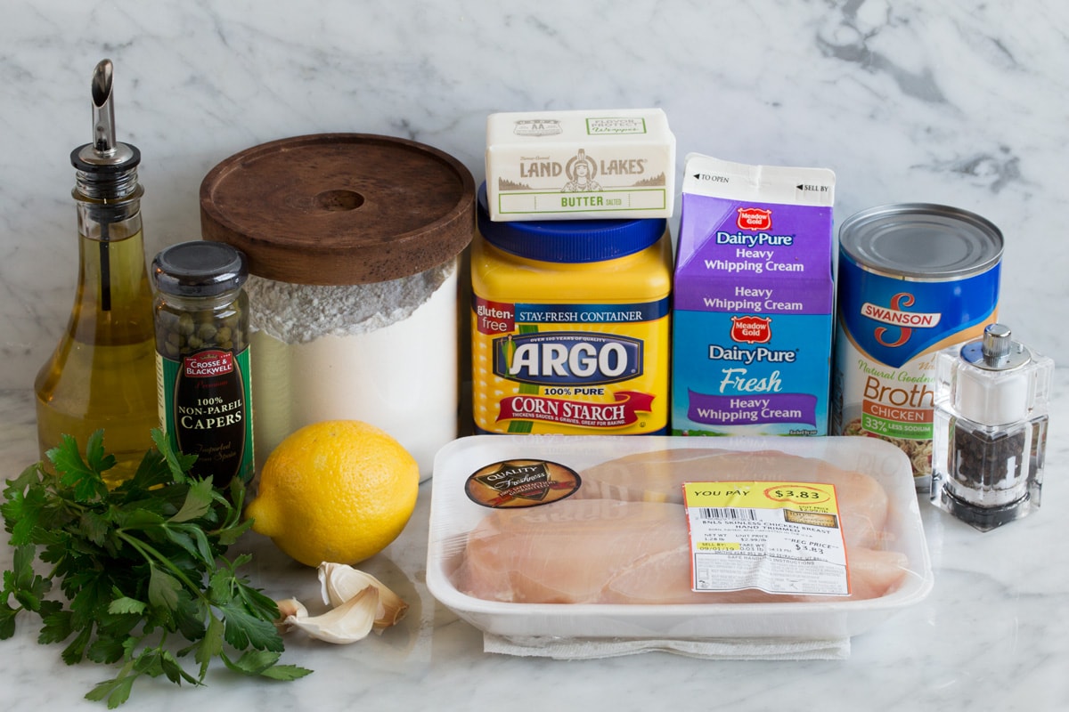 Chicken Piccata Image of ingredients that are used to make Chicken Piccata.