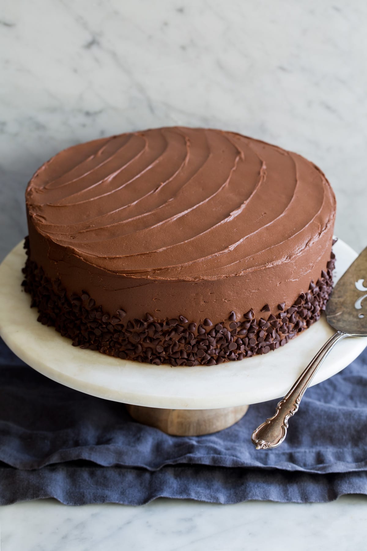 The Ultimate Chocolate Cake - incredibly soft and moist and brimming with rich chocolate flavor. Easy to make and sure to impress! #chocolate #cake #dessert #frosting Chocolate cake covered in frosting and mini chocolate chips.