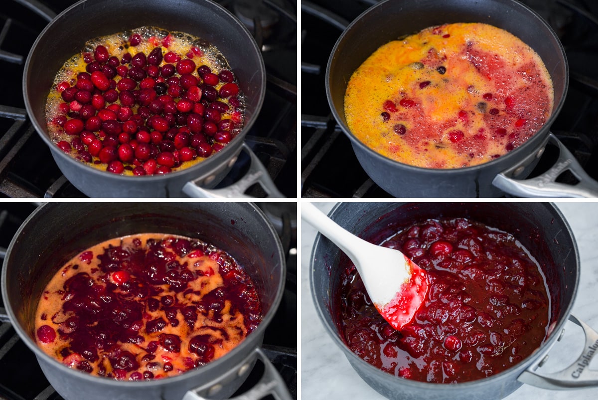 Fresh Cranberry Sauce Recipe Stages of cranberry sauce simmering on stovetop shown here.