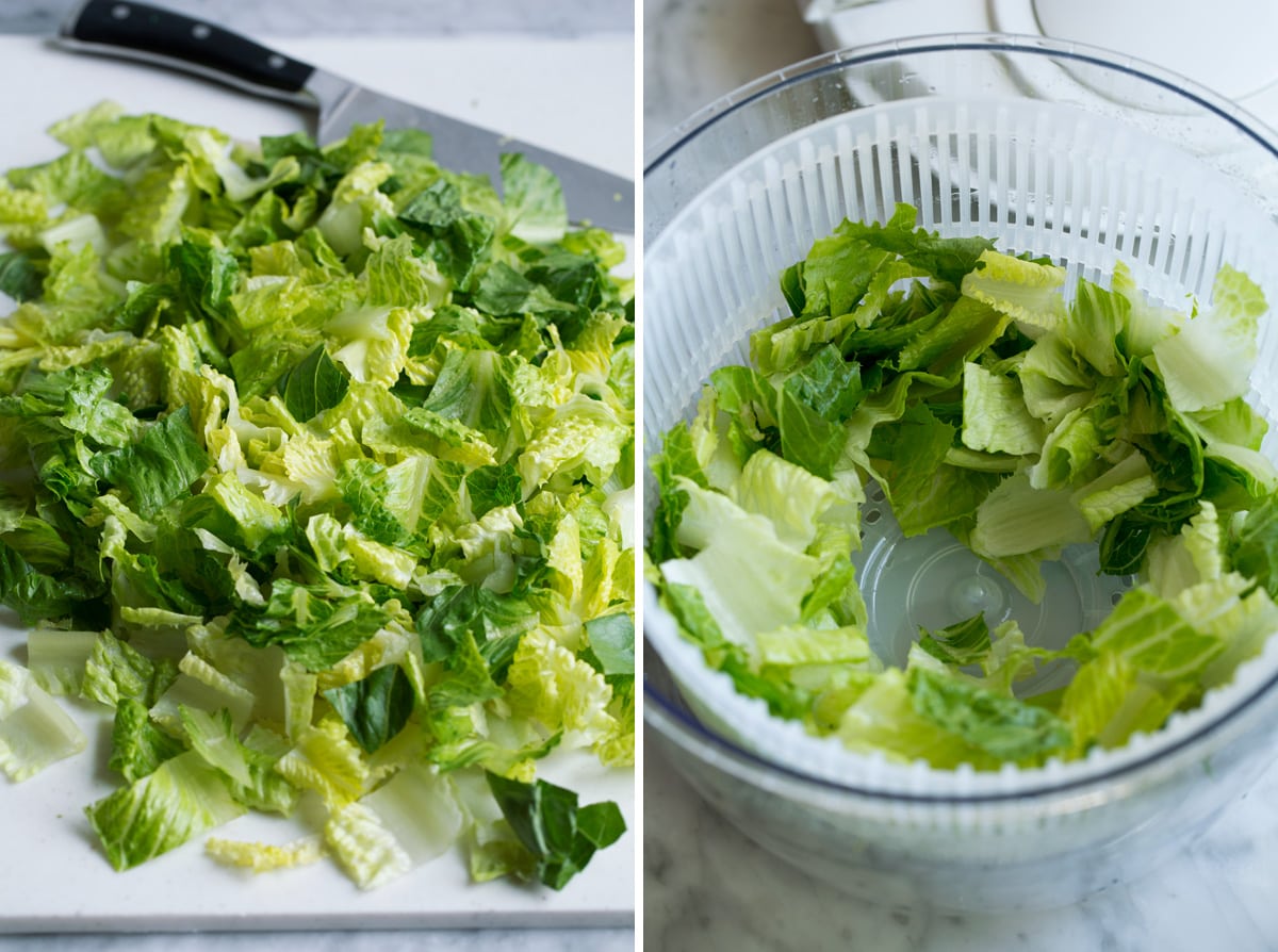 The BEST Salad Recipe {Salad de Maison} Chopping lettuce and spinning in a salad spinner.