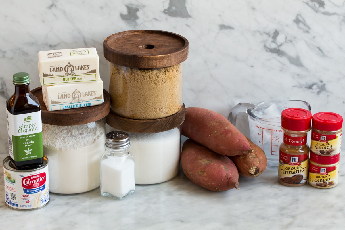 Perfect Sweet Potato Pie Ingredients for sweet potato pie and pie crust.