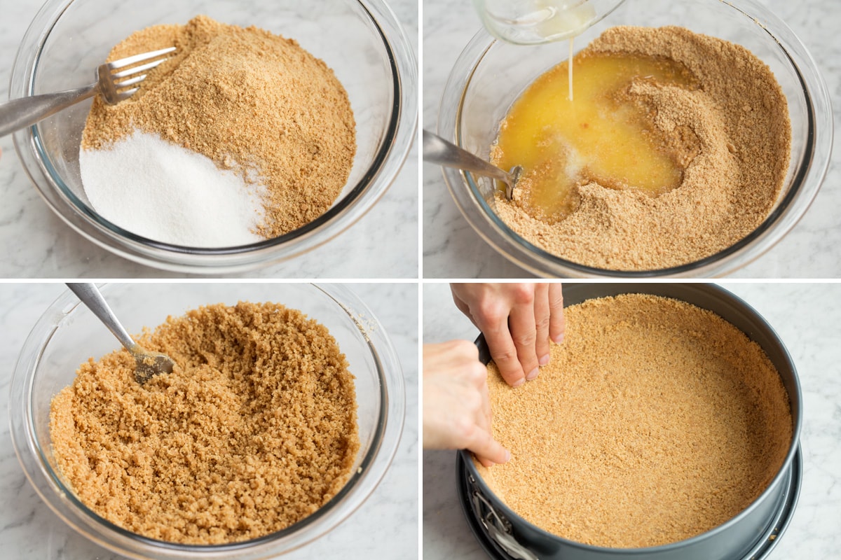The BEST Cheesecake Recipe! Showing steps to making a cheesecake graham cracker crust.