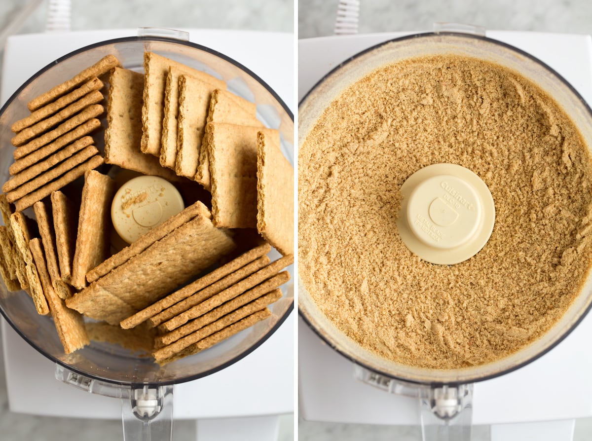 The BEST Cheesecake Recipe! showing how to crush graham crackers in a food processor