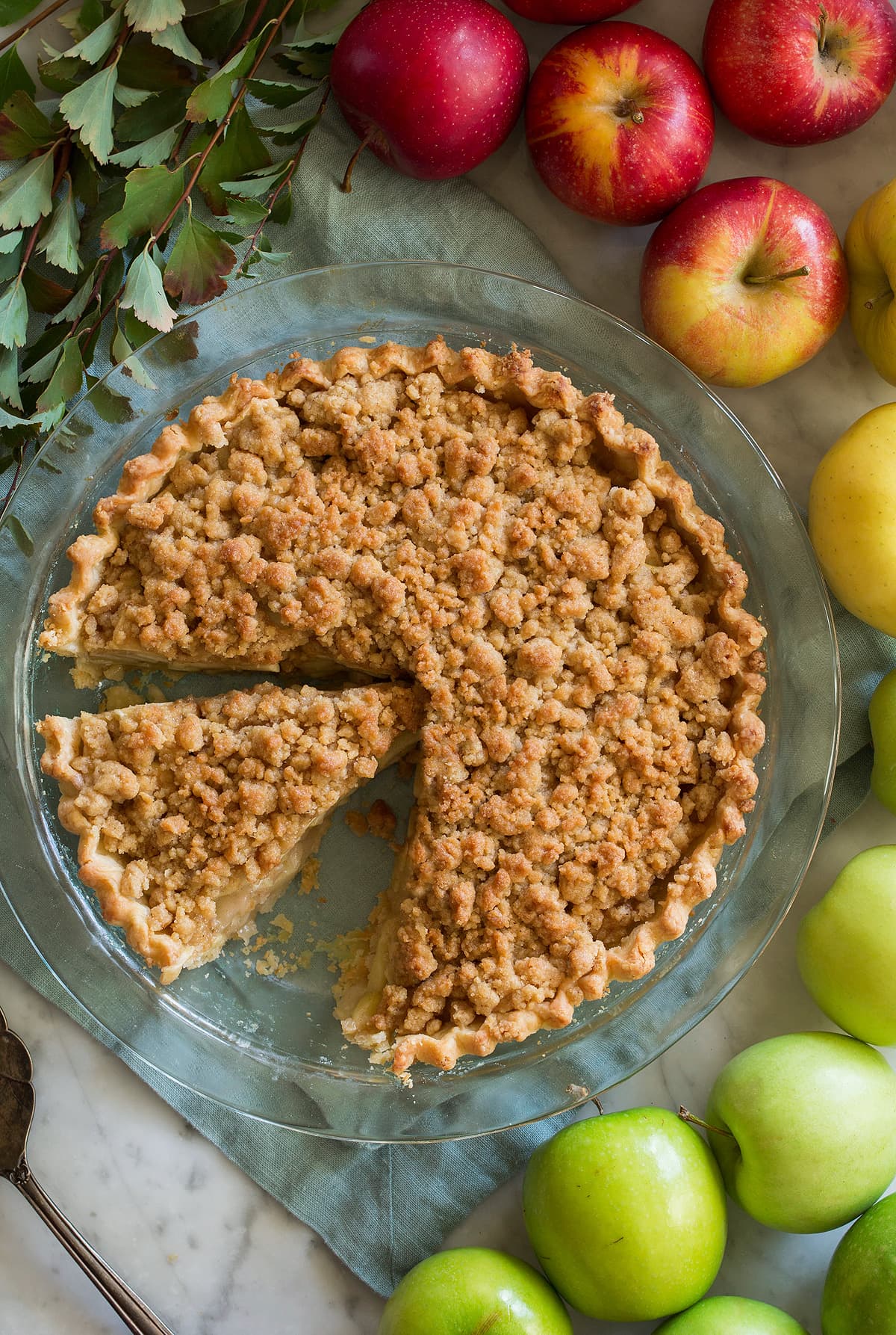 Dutch Apple Pie - my favorite pie! Made with flakey buttery pie crust, sweet, spiced apple filling and a delicious crumb topping. #applepie #pie #dutchapple #thanksgiving #dessert Overhead image of sliced Dutch apple pie with a colorful variety of apples around the pie.