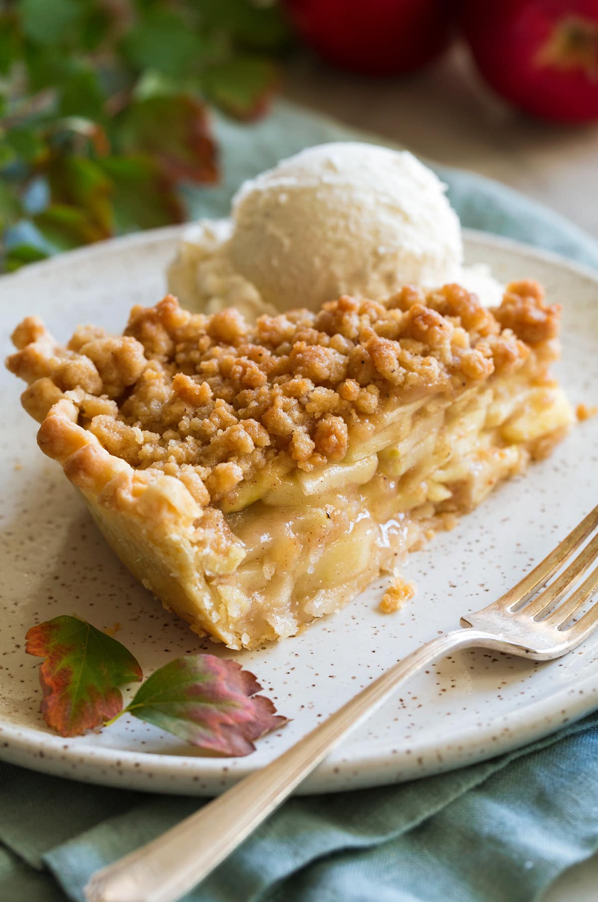 Dutch Apple Pie - my favorite pie! Made with flakey buttery pie crust, sweet, spiced apple filling and a delicious crumb topping. #applepie #pie #dutchapple #thanksgiving #dessert Slice of dutch apple pie in a dessert plate with a scoop of vanilla ice cream on the side.
