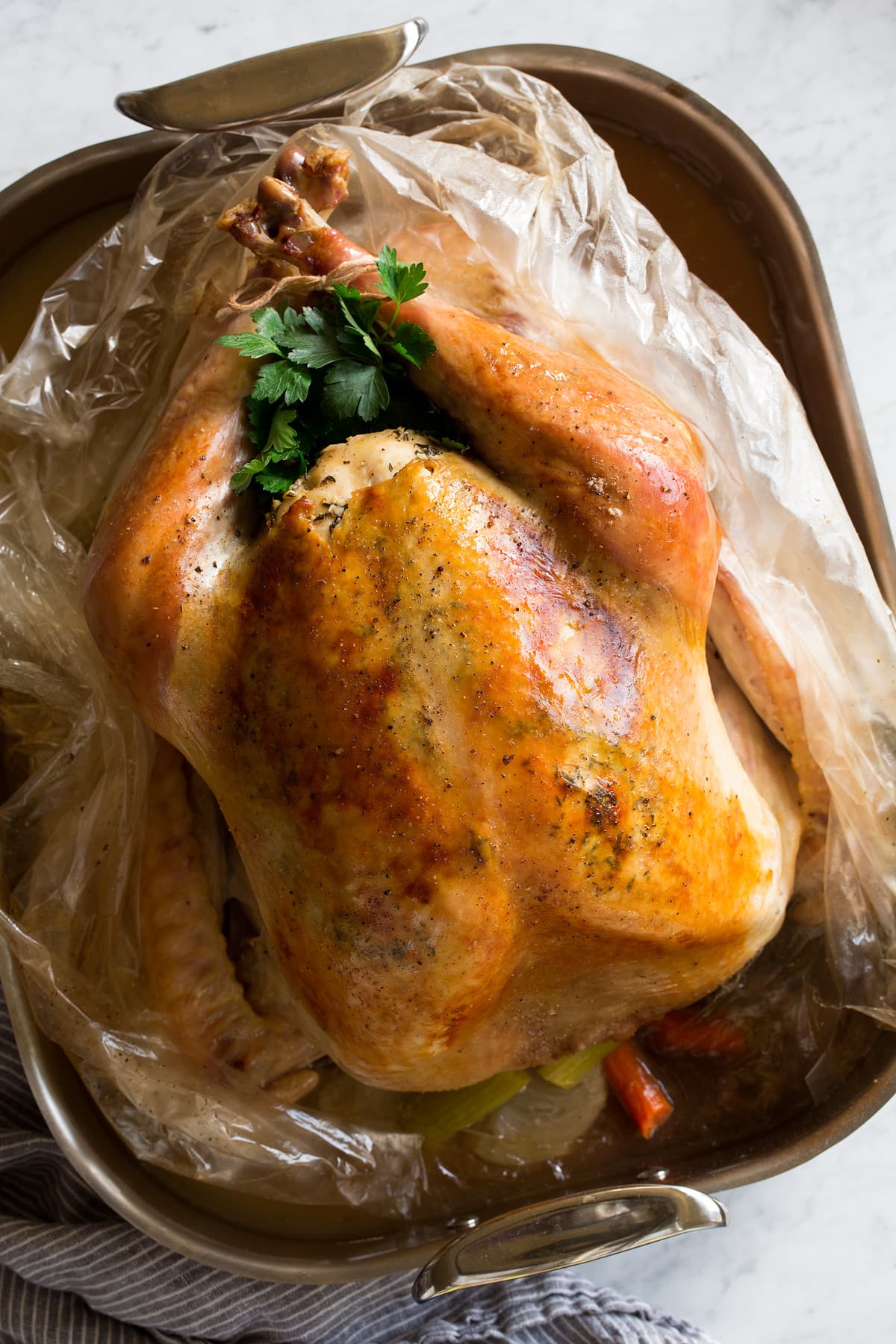 How to Cook a Turkey in an Oven Bag Overhead image of large turkey with golden brown skin, sitting in an oven bag in a large roasting pan.