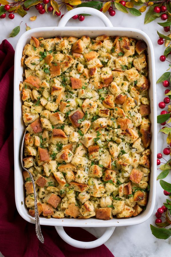 Stuffing in a white casserole dish.