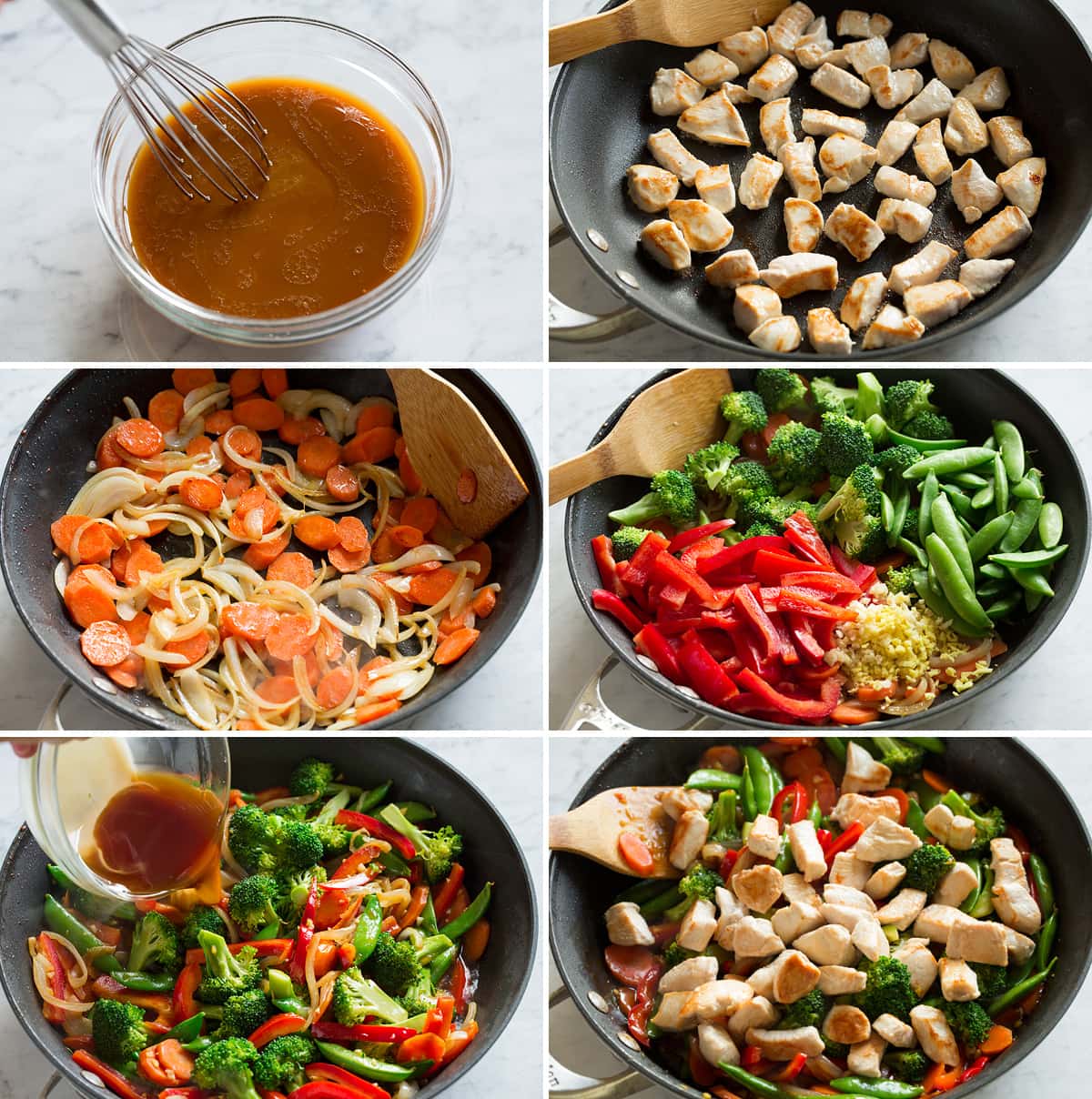 Chicken Stir Fry Steps showing how to make stir fry sauce and stir fry in a skillet.