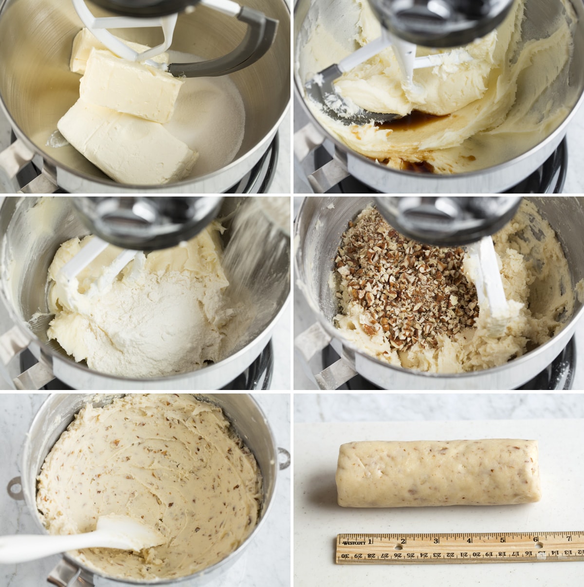 Cream Cheese Pecan Cookies Image showing how to make cream cheese pecan cookie dough in an electric stand mixer bowl.