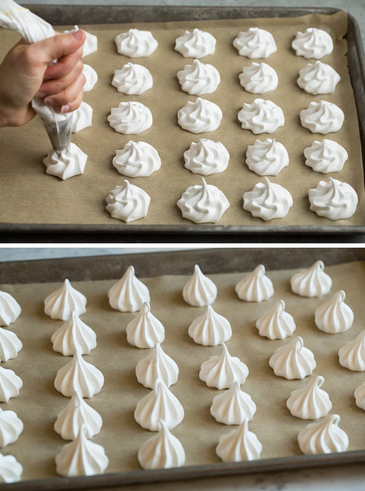 Meringue Cookies Piping meringue cookies onto baking sheets. Image showing two piping designs.
