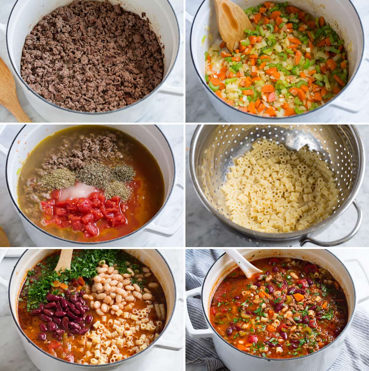 Pasta Fagioli Soup Image showing steps of how to cook pasta fagioli in a pot.