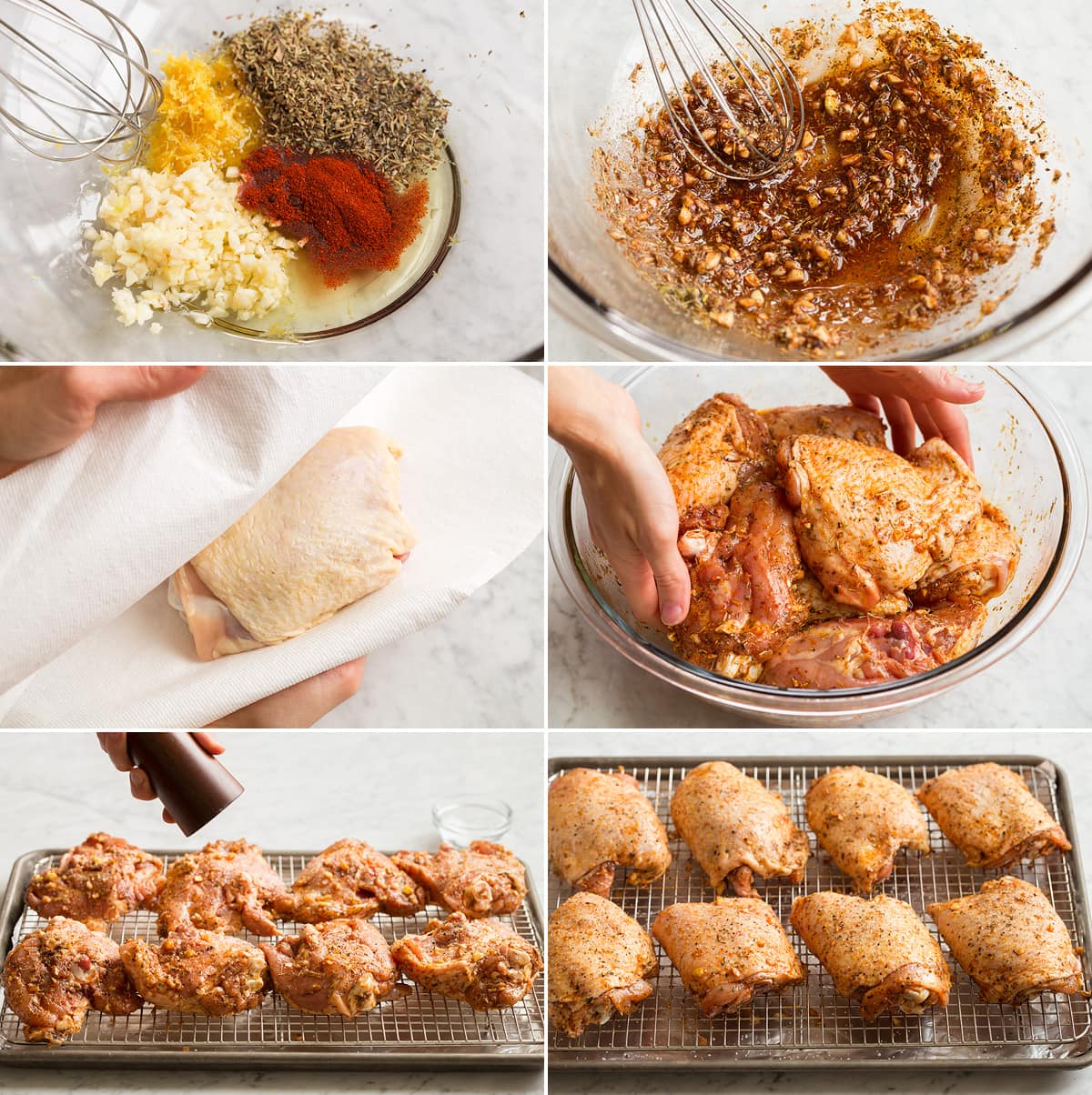 Baked Chicken Thighs Collage of six images showing how to prepare chicken thighs for baking. Shows making a seasoning mixture, drying chicken, tossing with mixture and setting on rack in baking sheet.