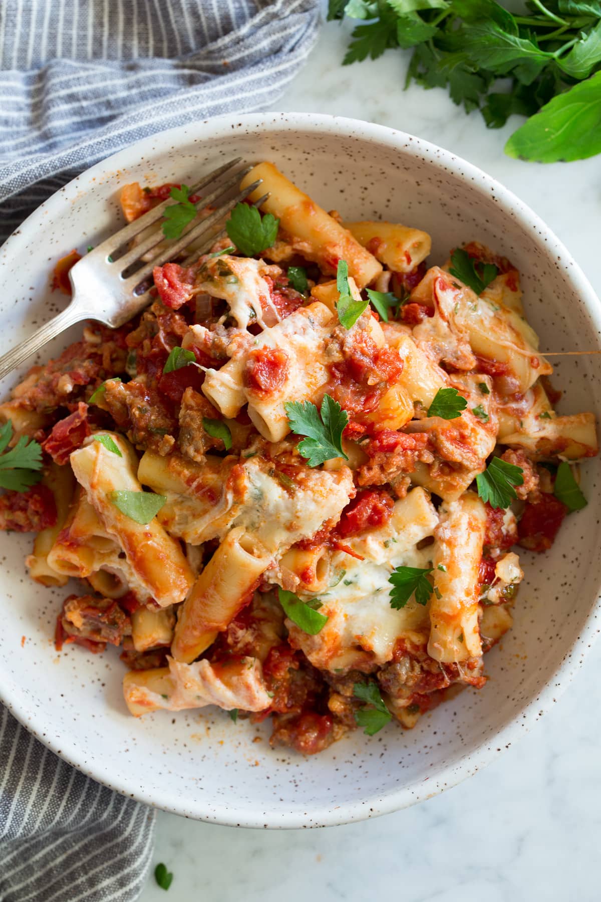 Baked Ziti Bowl of baked ziti including ziti pasta, sausage, marinara sauce, three types of Italian cheese and fresh herbs.