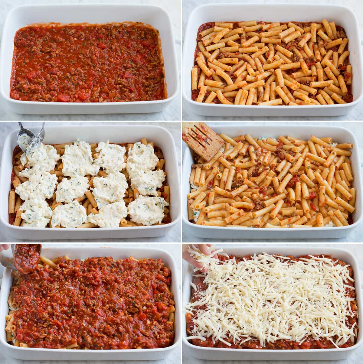 Baked Ziti Image showing steps how to assemble baked ziti.