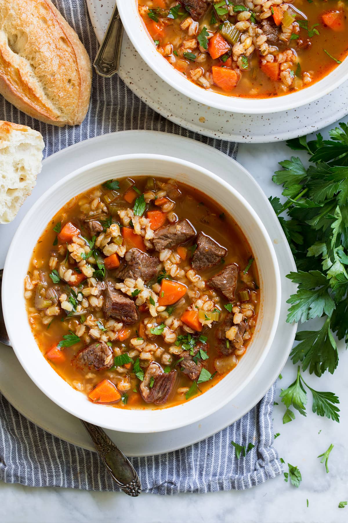 Beef and Barley Soup Overhead image of beef and barley soup in a serving bowl.