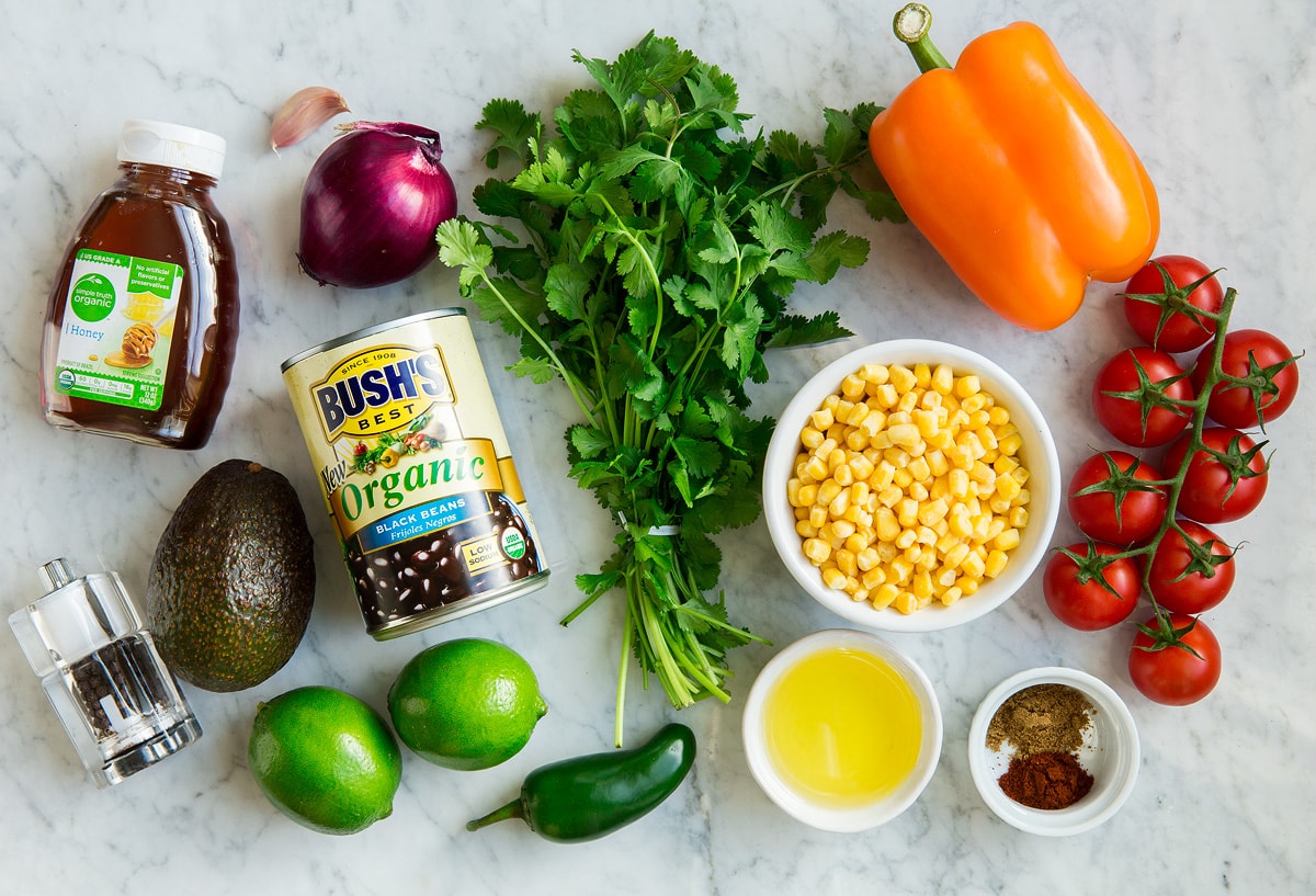Black Bean and Corn Salad Ingredients shown here that go into black bean and corn salad.