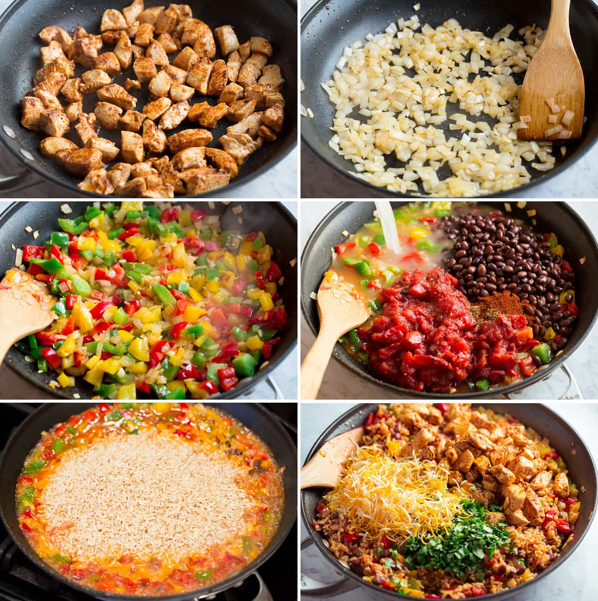 Chicken Fajita Rice Bowls Image showing six steps of preparing a one pan rice bowl.