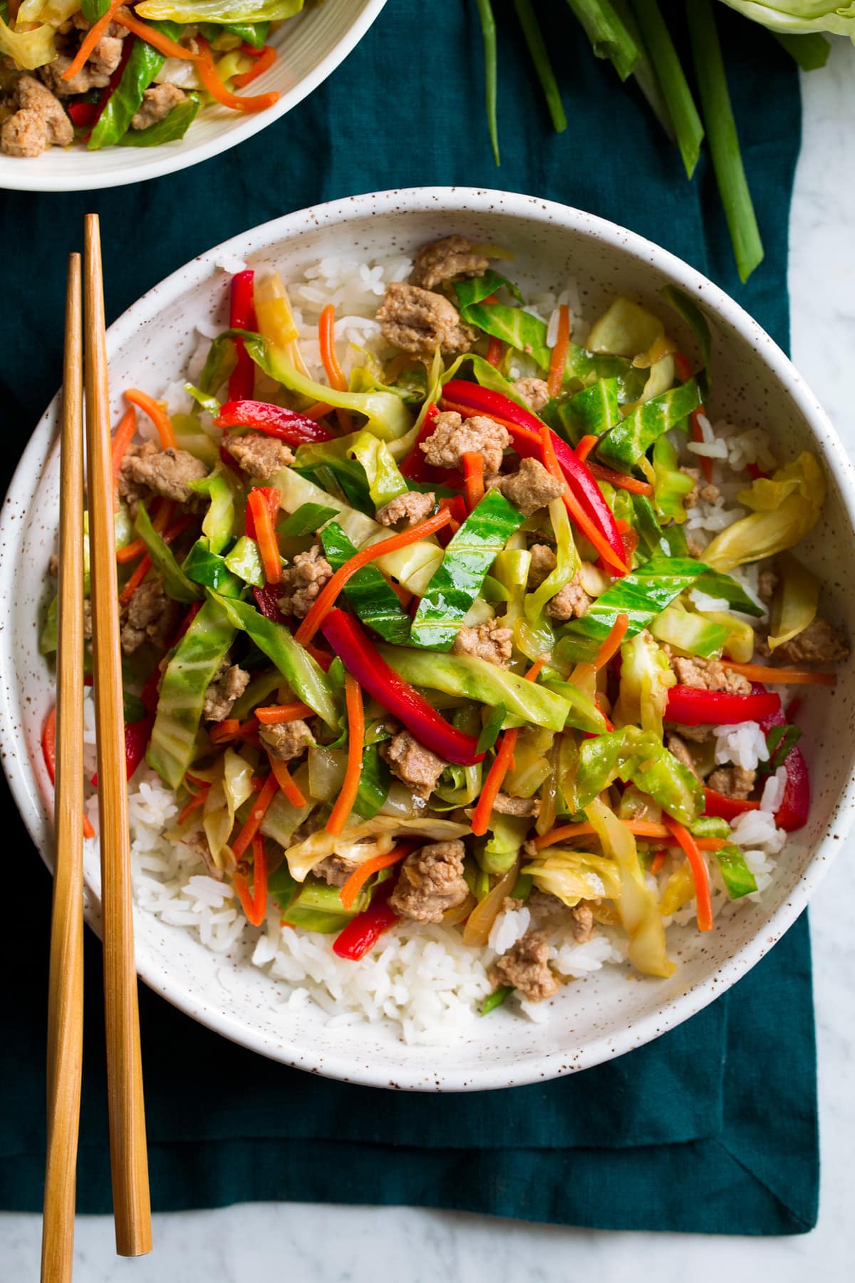 Egg Roll in a Bowl Showing possible variation of egg roll in a bowl served over white rice.