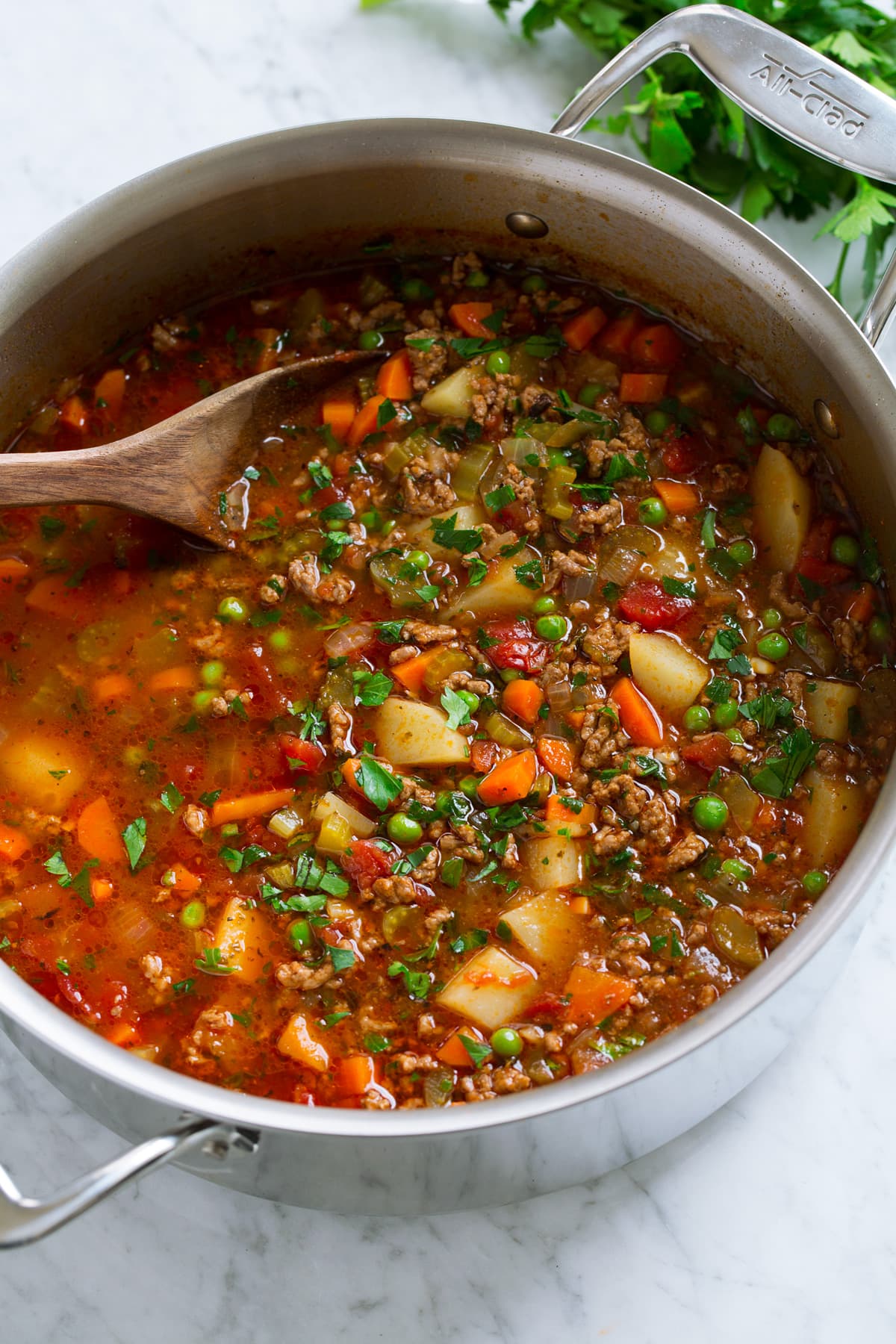 Hamburger Soup Stainless steel pot full of ground beef hamburger soup with potatoes, carrots, peas, celery, tomatoes, herbs and broth.