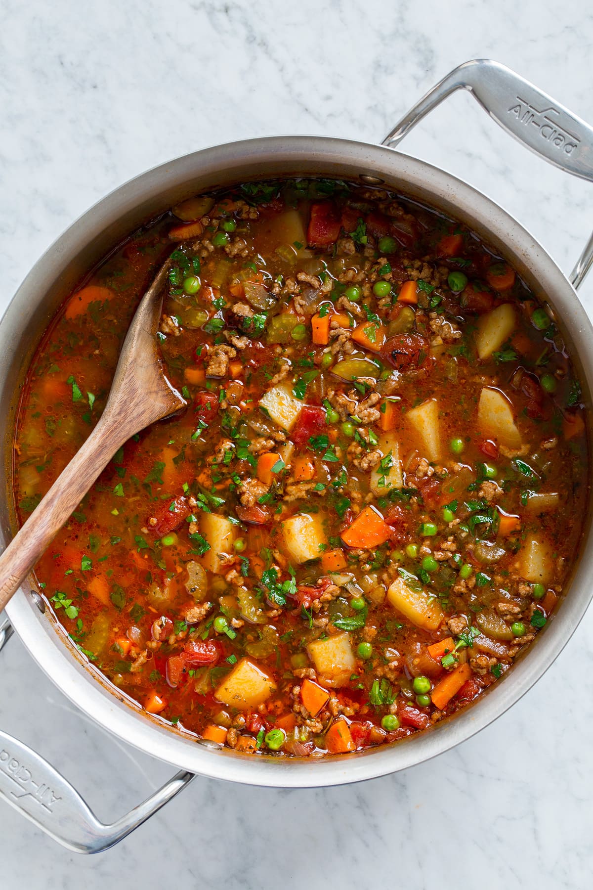 Hamburger Soup Overhead image of easy hamburger soup in a large pot.