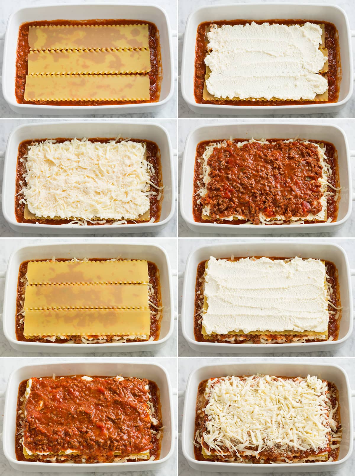 Easy Lasagna Recipe Image showing eight steps of layering easy lasagna. Includes layering lasagna noodles, cheeses, sauce and repeating.
