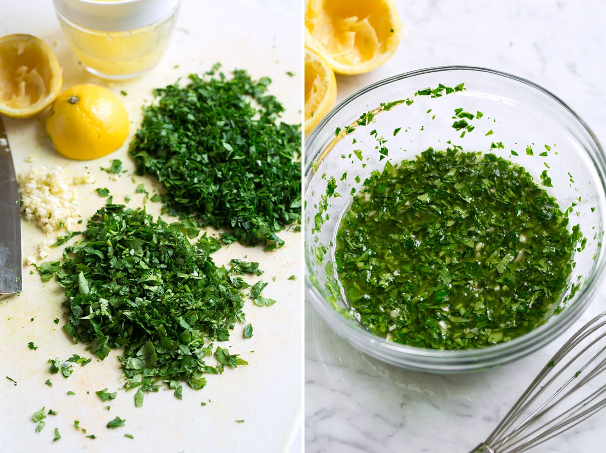 Quinoa Salad Chopping herbs and mixing quinoa salad dressing.