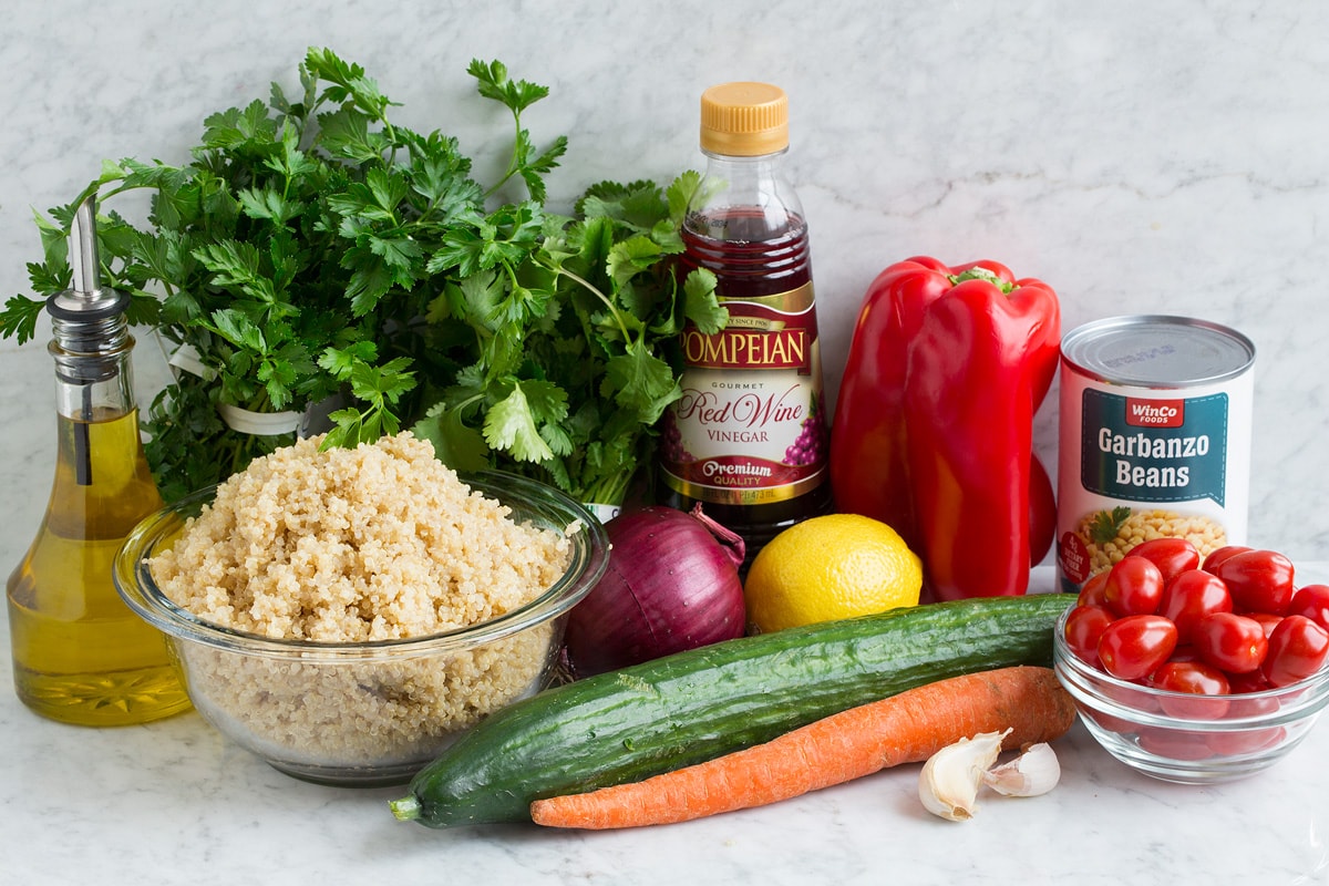 Quinoa Salad Ingredients that go into quinoa salad shown in this image.