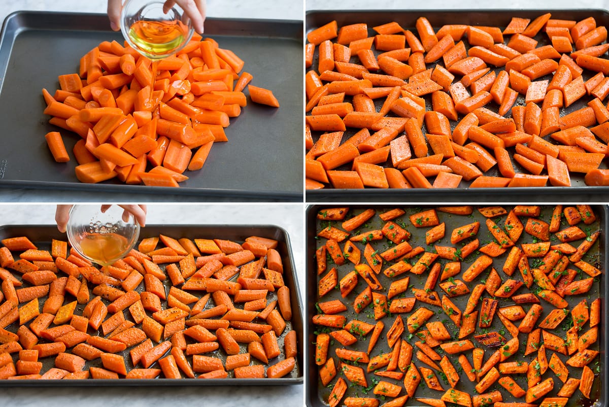 Honey Roasted Carrots Photo: Collage of four images showing steps to preparing carrots for roasting on a baking sheet.