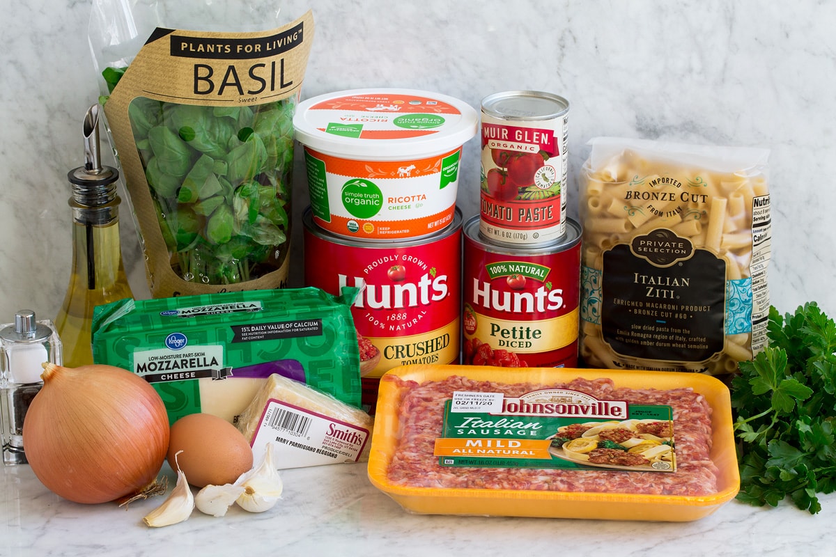 Baked Ziti Ingredients shown here that are needed to make homem