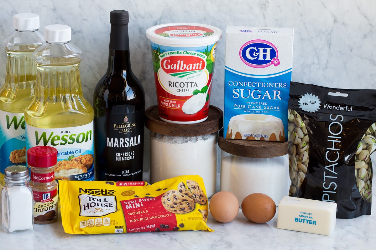 Ingredients shown here that are used to make cannoli shells and cannoli filling.