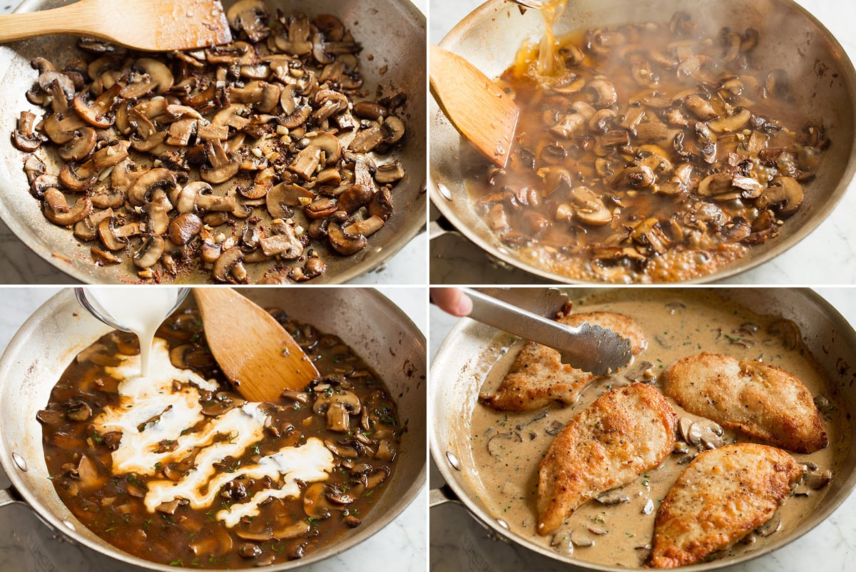Creamy Chicken Marsala Image showing steps to making chicken marsala wine sauce including sauteing mushrooms in skillet, adding wine, adding cream. Then cooked chicken breasts are added to sauce.