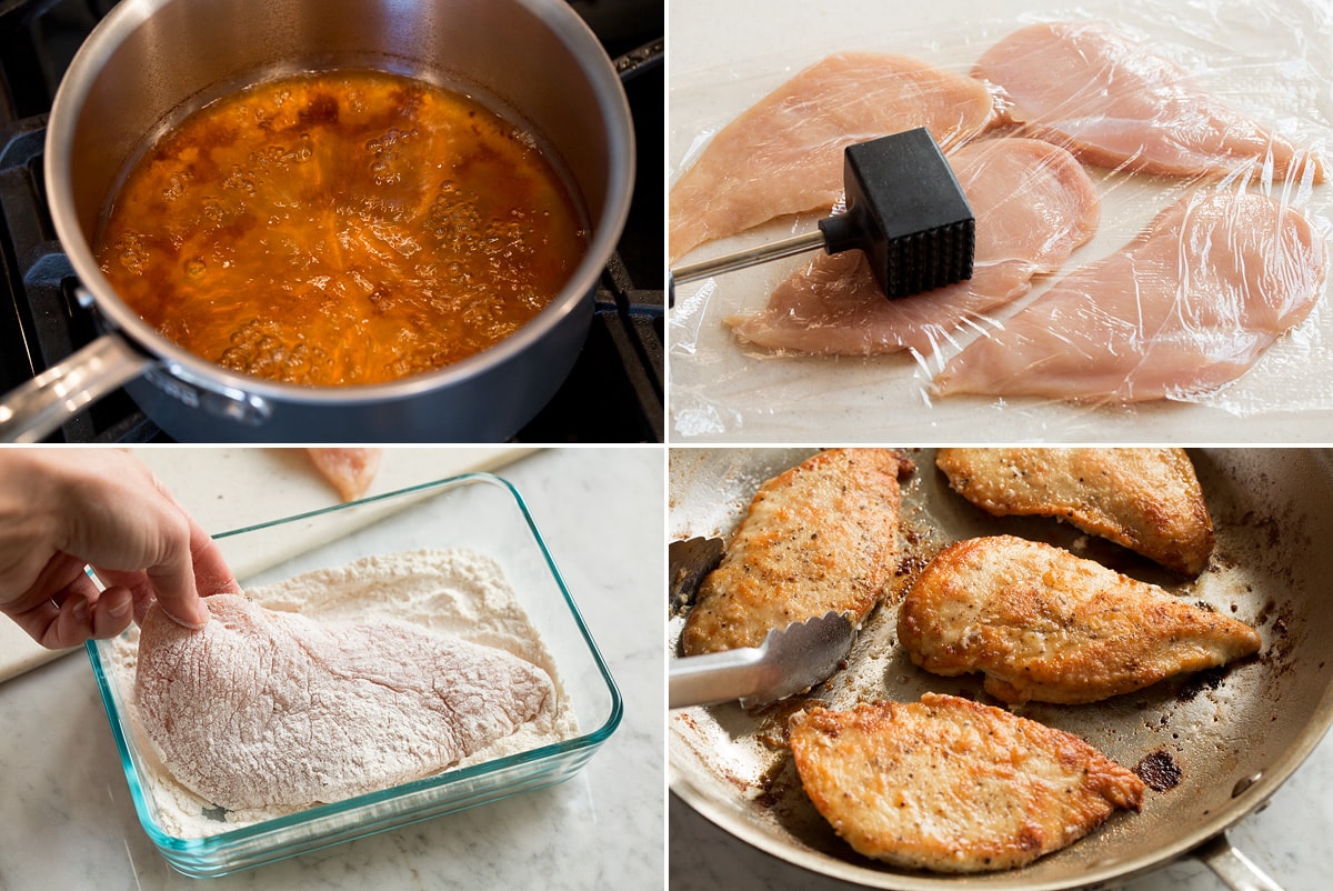 Creamy Chicken Marsala Image showing steps how to make chicken marsala including reducing marsala wine and broth in a saucepan. Pounding chicken cutlets, dredging in flour and pan searing.
