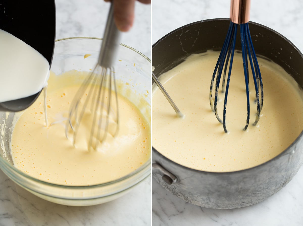 Tempering egg yolks in mixing bowl for mousse and cooking mixture in saucepan.