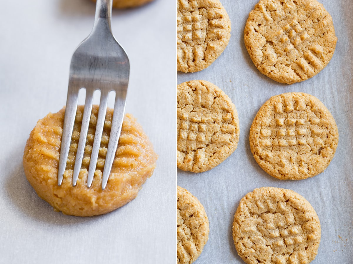 3-Ingredient Peanut Butter Cookies Image showing steps 5 and 6 to making 3 ingredient peanut butter cookies. Showing pressing cookie dough with a fork then finished cookies on bakign sheet.