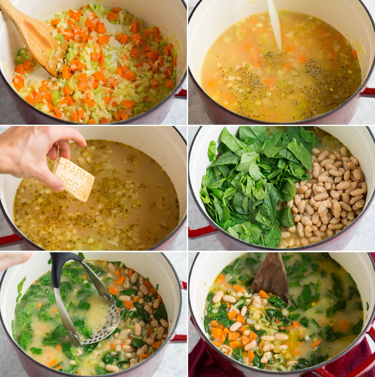 Bean Soup {Tuscan Style} Collage image of steps showing how to make bean soup in a large pot.