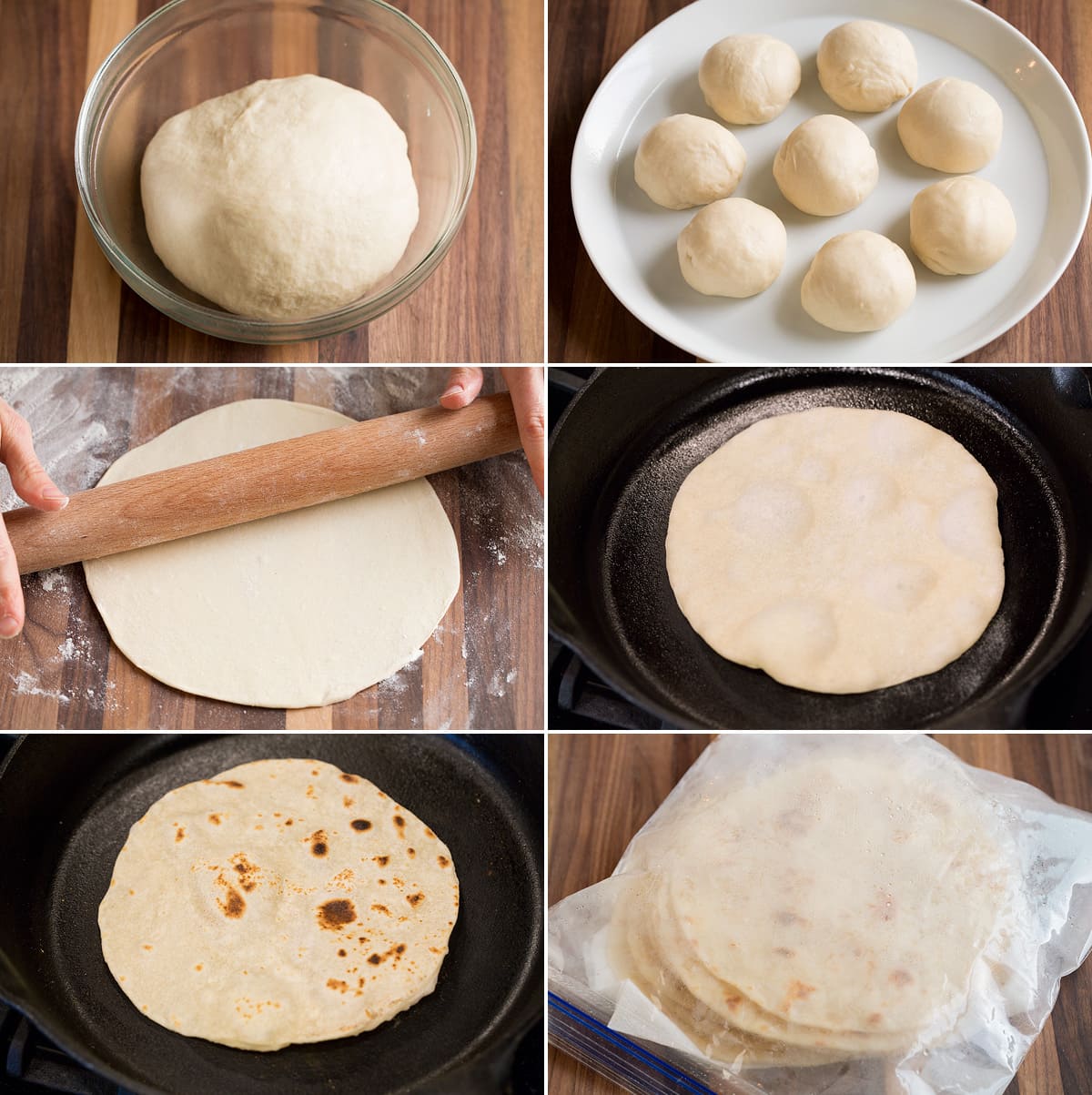 Homemade Flour Tortillas Image showing steps how to shape tortilla dough in different stages, how to cook tortillas and how to steam tortillas after cooking in a resealable bag.