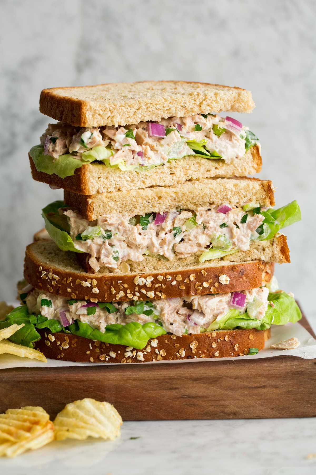 Tuna Salad Stack of tuna salad sandwiches.