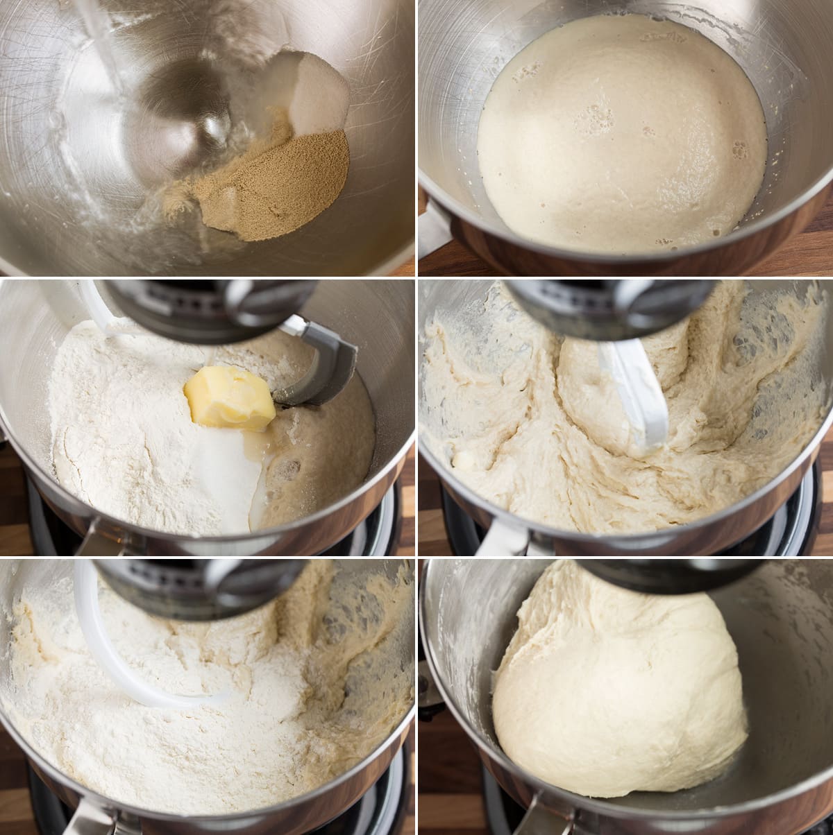 Homemade White Bread Recipe Collage image showing six steps to making bread dough in a stand mixer including proofing yeast with water and sugar, mixing in flour salt and butter, and mixture after it has finished kneading in the mixer.