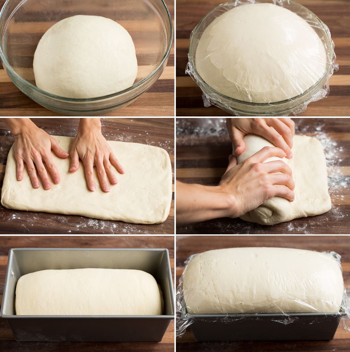 Homemade White Bread Recipe Image including a collage of 6 images showing bread dough before and after rising, patting into a rectangle, rolling dough up, then dough before and after rising in a bread pan.
