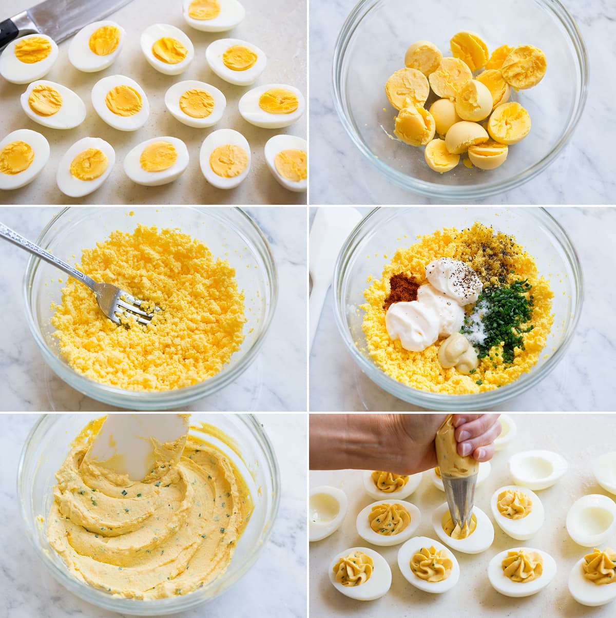 Best Deviled Eggs Image showing six steps of preparing deviled eggs including halving boiled eggs, removing yolks into a bowl, mashing yolks, adding mayonnaise and seasonings, mixing to combined then piping filling into egg whites.