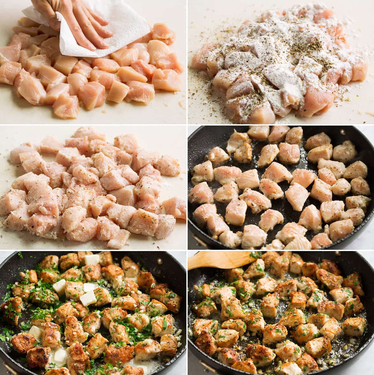 Garlic Butter Chicken Bites Collage image of 6 steps showing how to prepare and cook garlic butter chicken bites.