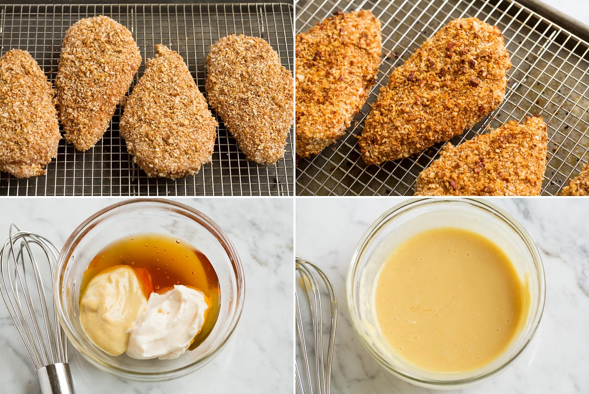 Honey Mustard Pecan Crusted Chicken Collage image of 4 steps including coated chicken on baking sheet before and after baking, and honey mustard before and after mixing.