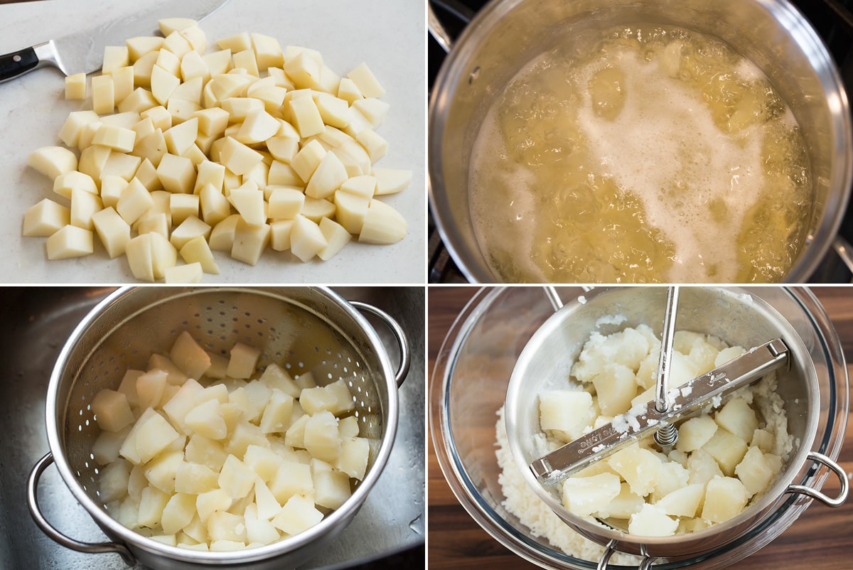Mashed Potatoes Image of first four steps of making mashed potatoes. Includes dicing peeled potatoes, boiling potatoes, draining potatoes and passing potatoes through a food mill (or can be done with a potato ricer).